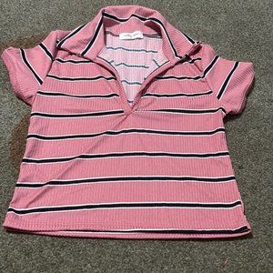 V neck pink with black and white stripes